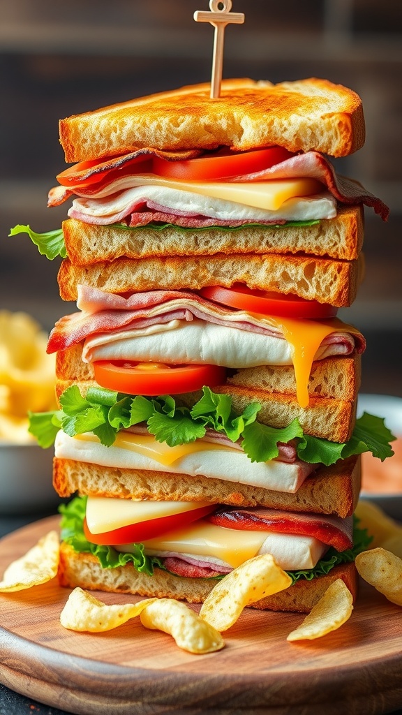 Triple decker club sandwich with bacon, turkey, lettuce, tomato, and cheese on toasted bread, served with potato chips.